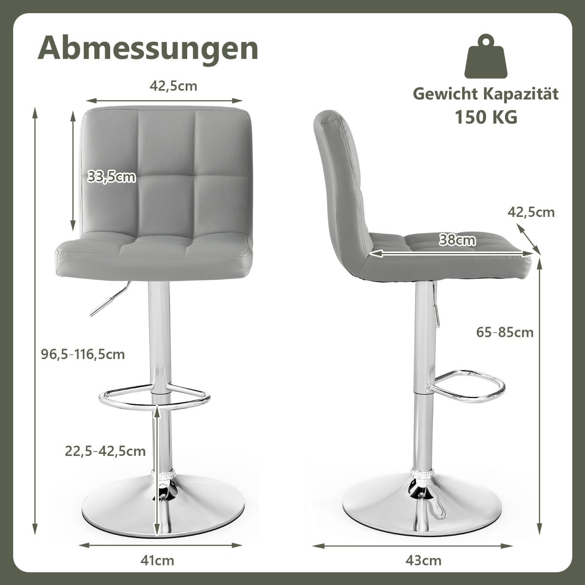 pack – 360° svängbar barstol i konstläder, höj och sänkbar sittpall – 2 – Grå