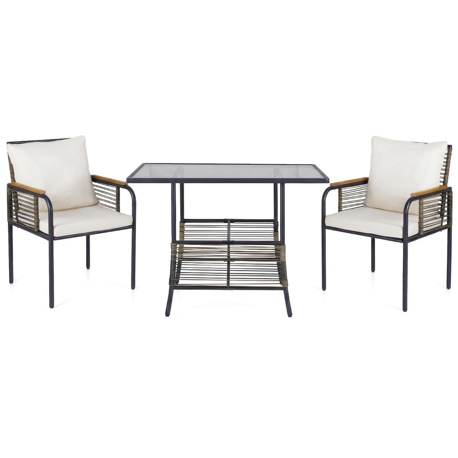 deligt – Trädgårds Lounge Set från Rottan platsbesparande Outdoor Matset med Kuddar Rektangulärt – 3 – Vit