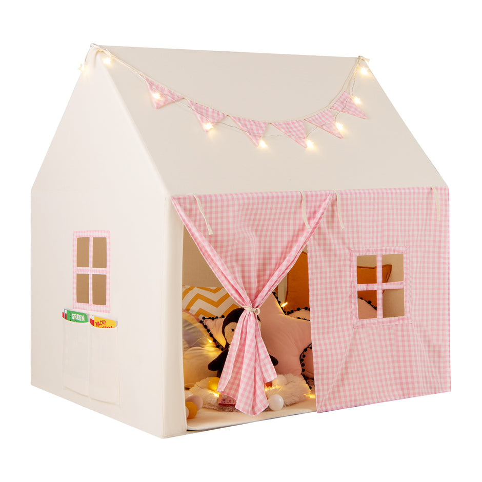 Barntält – med matta och lampor flaggbanner fönster Barnlekhus Lektält – Rosa