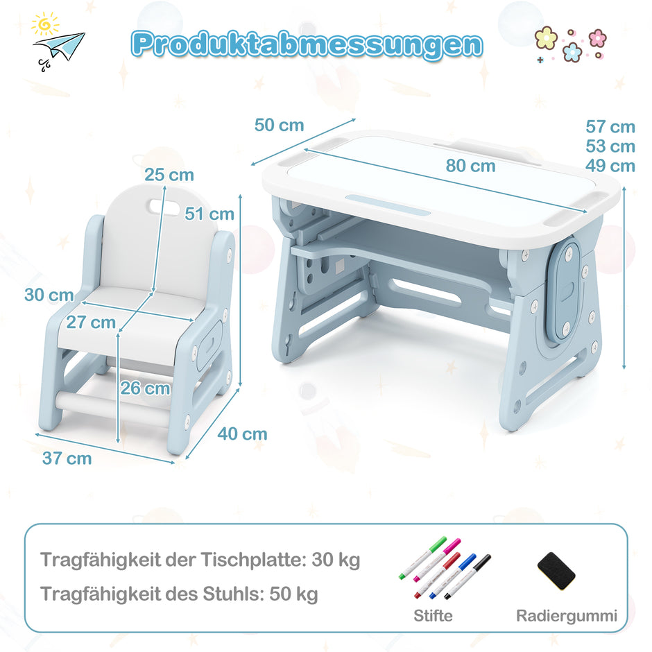 Barnbord – med stol och Nejbart whiteboard Höjdjusterbar – Blå