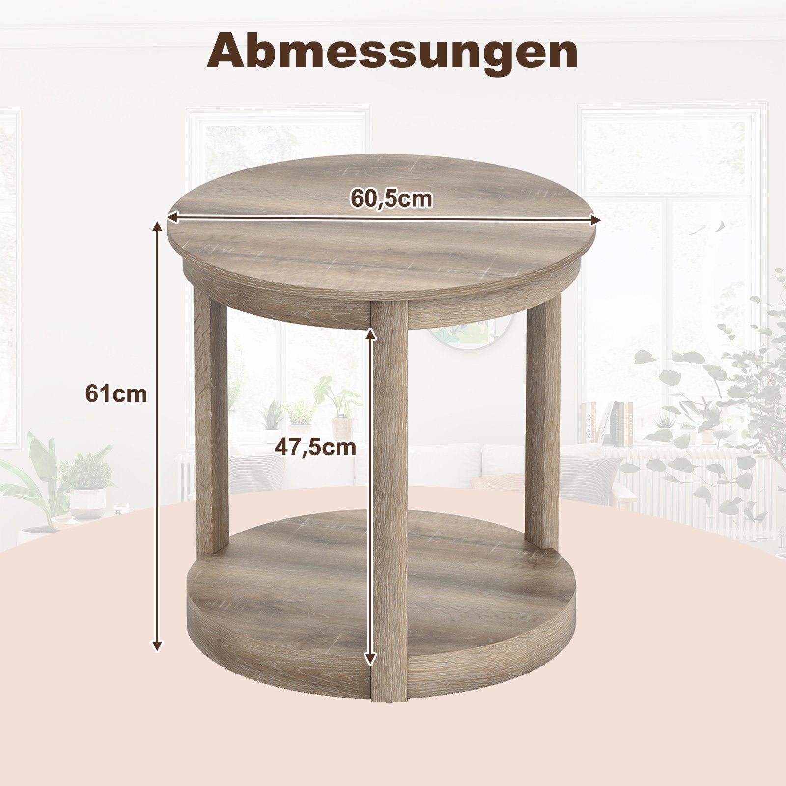 Rund – soffbord vardagsrumsbord med nivåer gummiträ kaffebord sidobord i lantlig – 2 – Grå