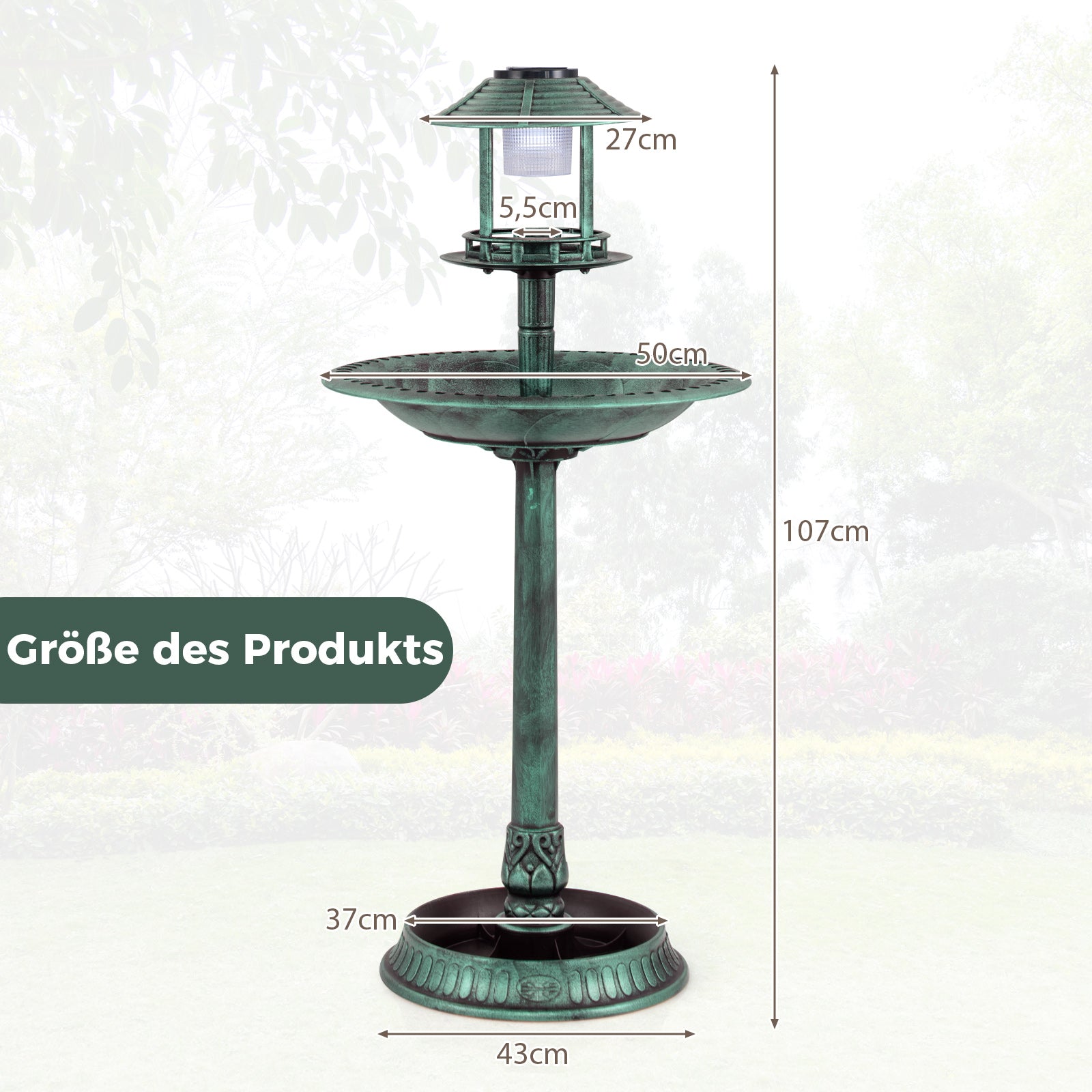 Fågelbad – med solarlampa och blomkruka fågelmatare fågelmatningsstation mat dispenser – Grön