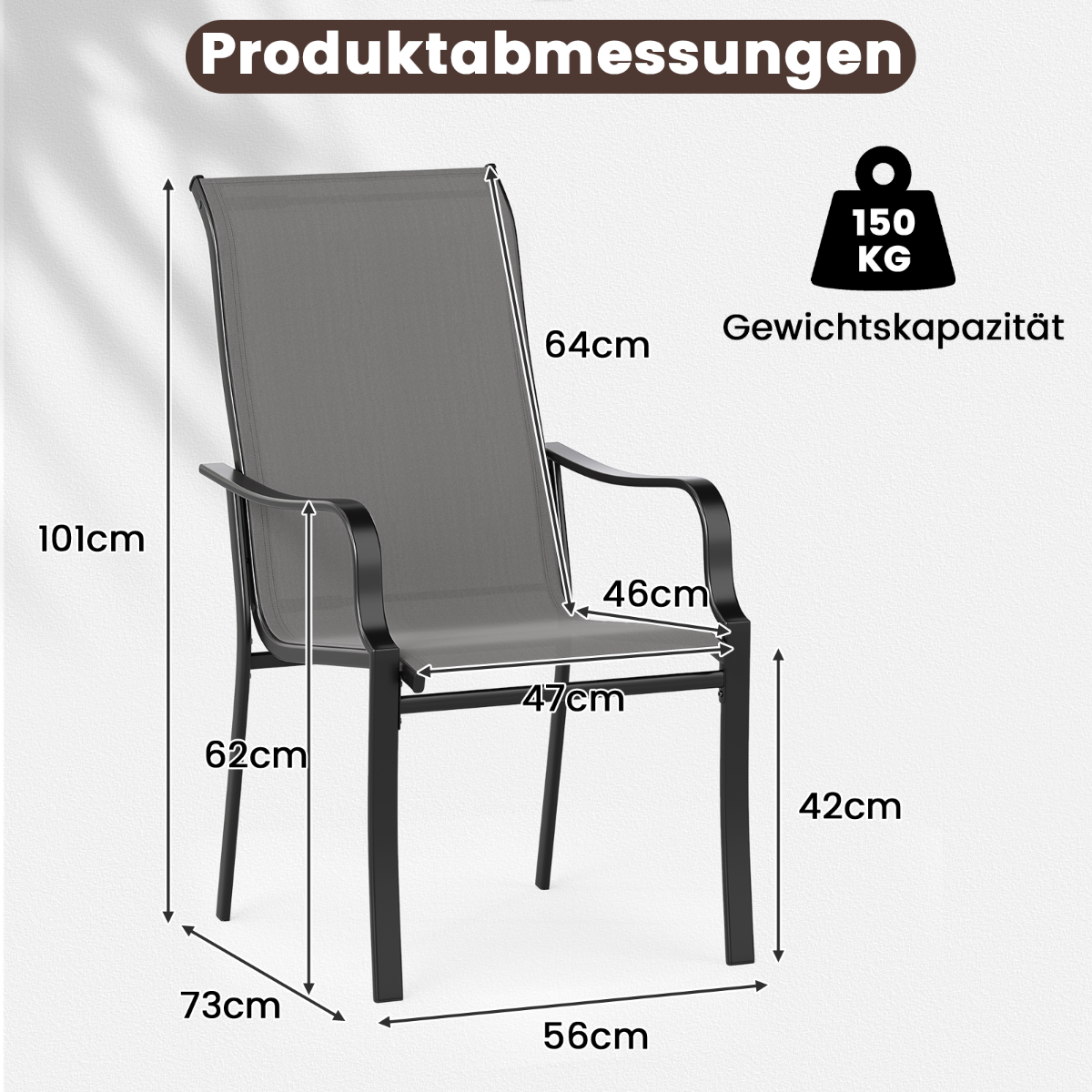 pack – trädgårdsstolar med hög ryggstöd, belastningskapacitet upp till kg, terrassstolar – 2 150 – Grå