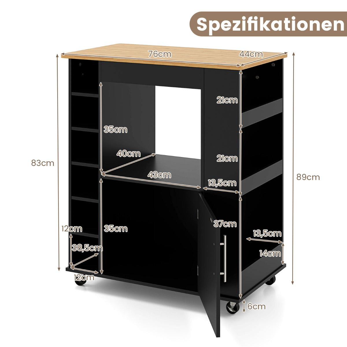 Köksvagn – på hjul med arbetsyta och handdukshållare kryddhyllor serveringsvagn – Svart
