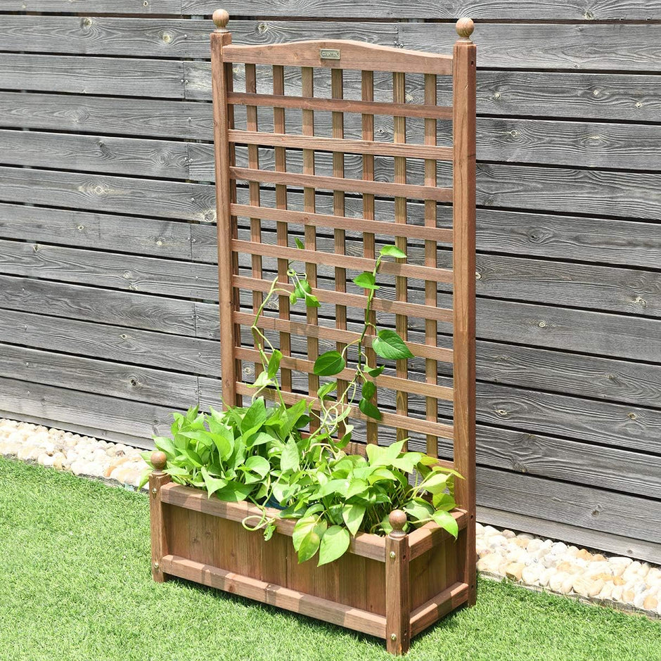 Blomlåda – med spaljé, planteringslåda i trä för klätterväxter, högbädd – 64,5 x 28 x 120 cm – Brun