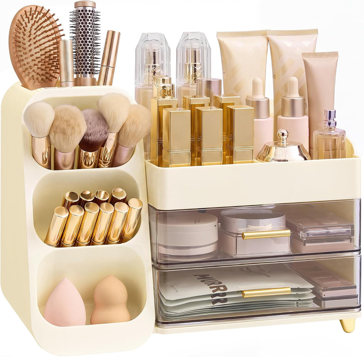 Make-up Organizer – Met Laden en Kwastenhouder – 3-in-1 – Voor 30+ Producten – Beige