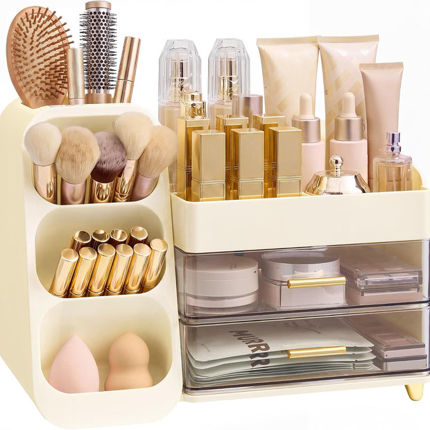 Make-up Organizer – Met Laden en Kwastenhouder – 3-in-1 – Voor 30+ Producten – Beige