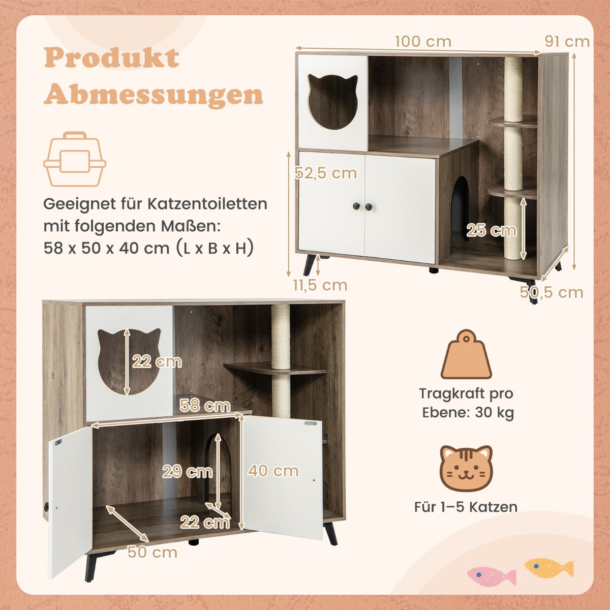 Kattlåda – med sisal klösstänger metallben +vit – 3 5 – Grå