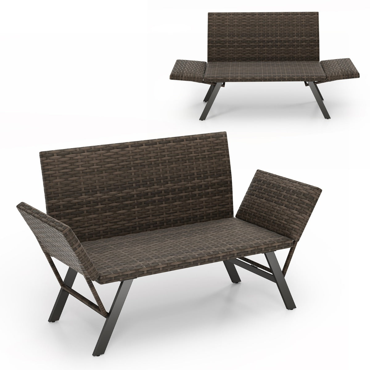 Polyrattan – trädgårdsbänk med liggfunktion, justerbara armstöd och belastbar upp till – 300 kg – Grå