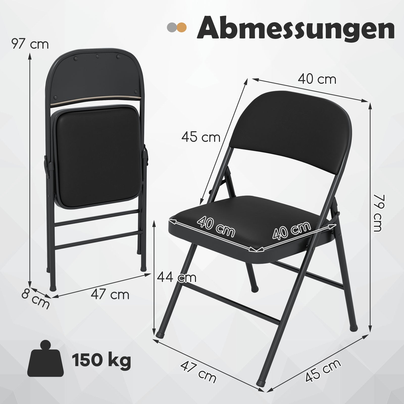 stycken – hopfällbara trädgårdsstolar campingstolar konstläder med metallram matstolar vadderade upp till belastning – 4 150 kg – Svart
