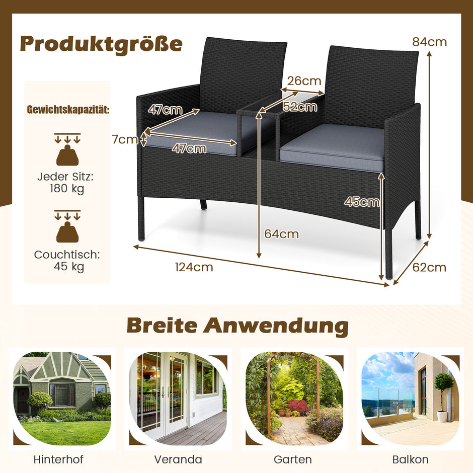 Trädgårdsbänk – med bord sits Polyrattan sittbänk sittgrupp trädgårdsmöbler terrassmöbler – 2 – Svart