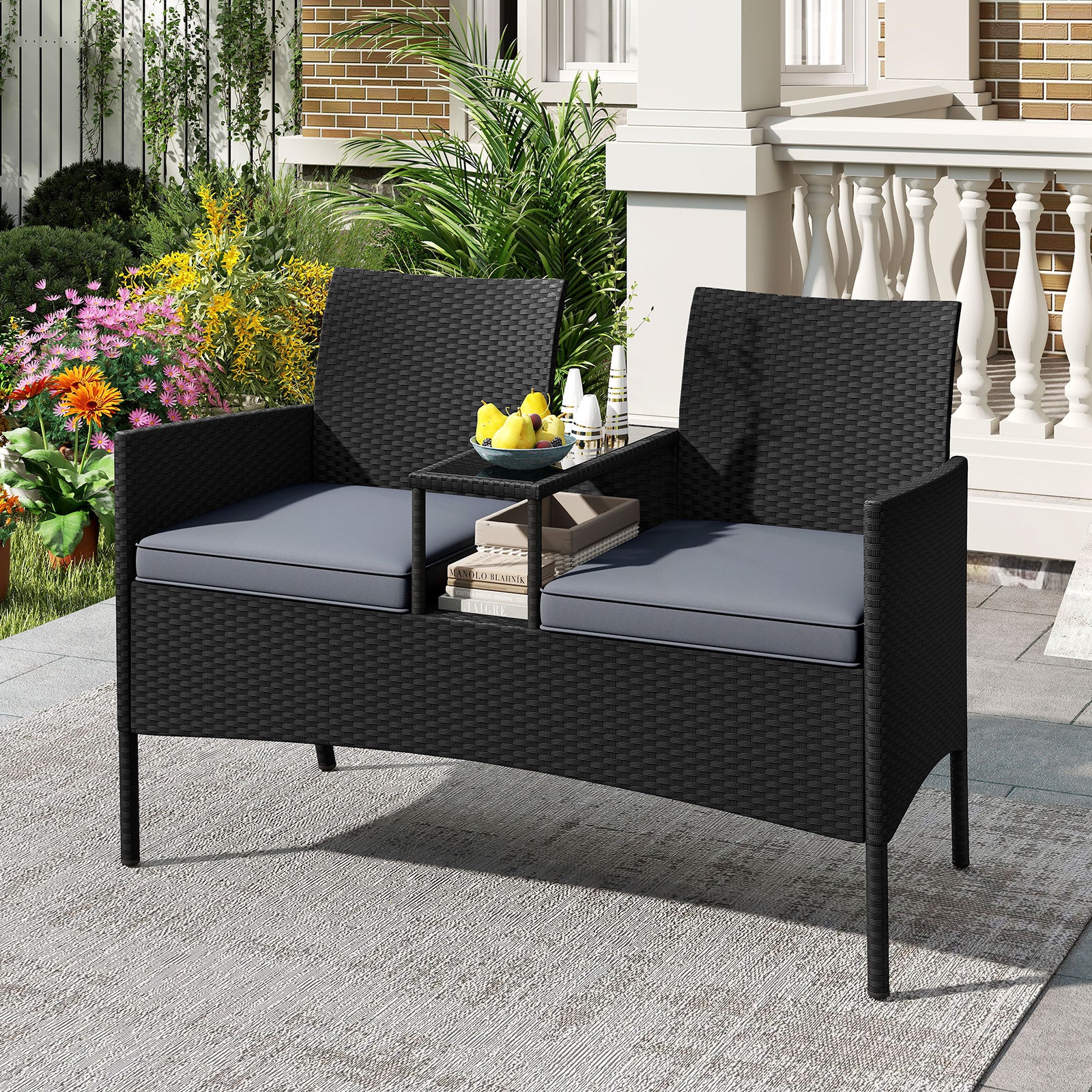 Trädgårdsbänk – med bord sits Polyrattan sittbänk sittgrupp trädgårdsmöbler terrassmöbler – 2 – Svart