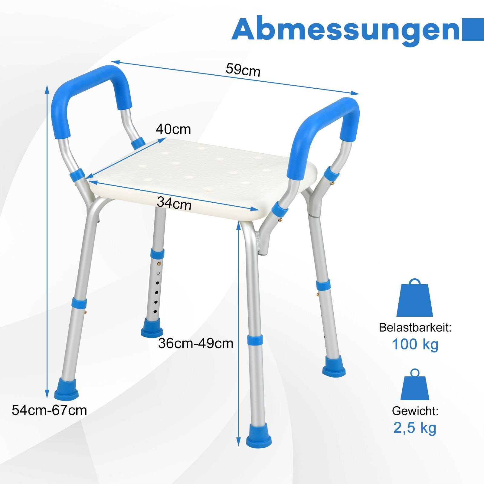 Höj – och sänkbar duschstol Alu duschbänk bärförmåga med halkfria gummifötter – 100 kg – Blå