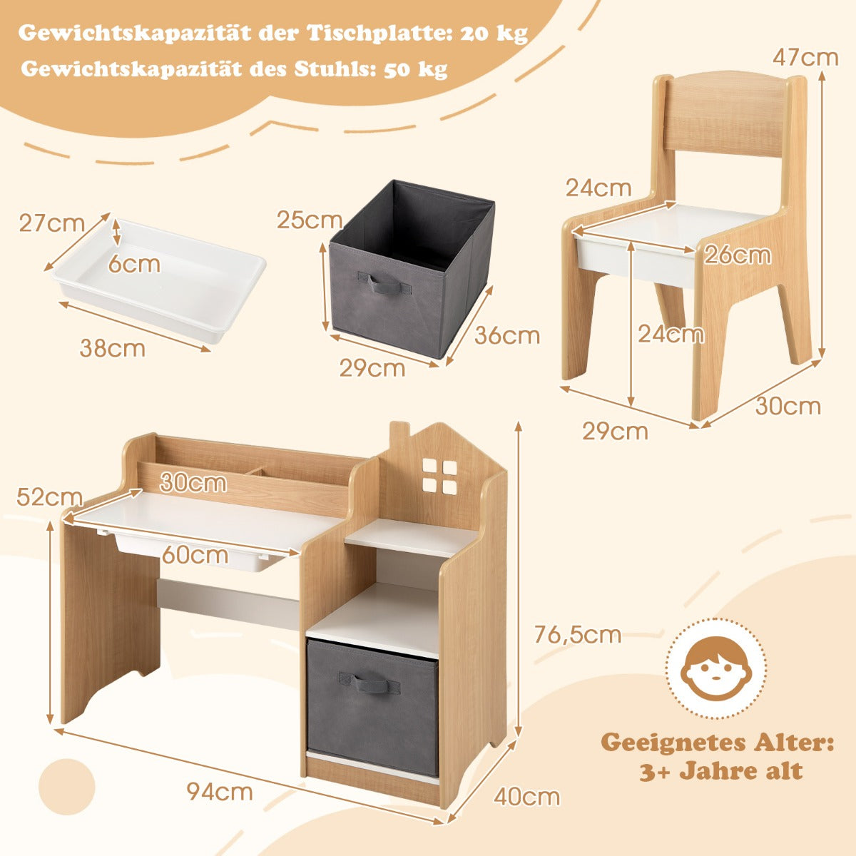 Skrivbord – och stolset för barn Skolbord med öppna hyllor Vit + – Natur