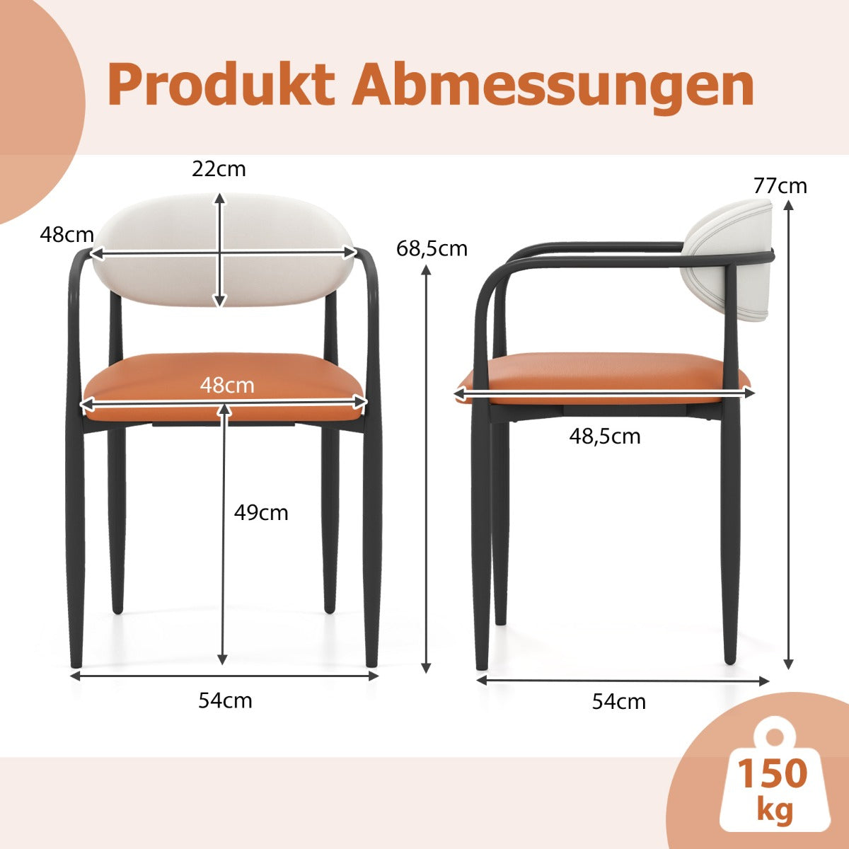 pack – matstolar med vadderad sits och ryggstöd, stoppade köksstolar – 2 – Orange
