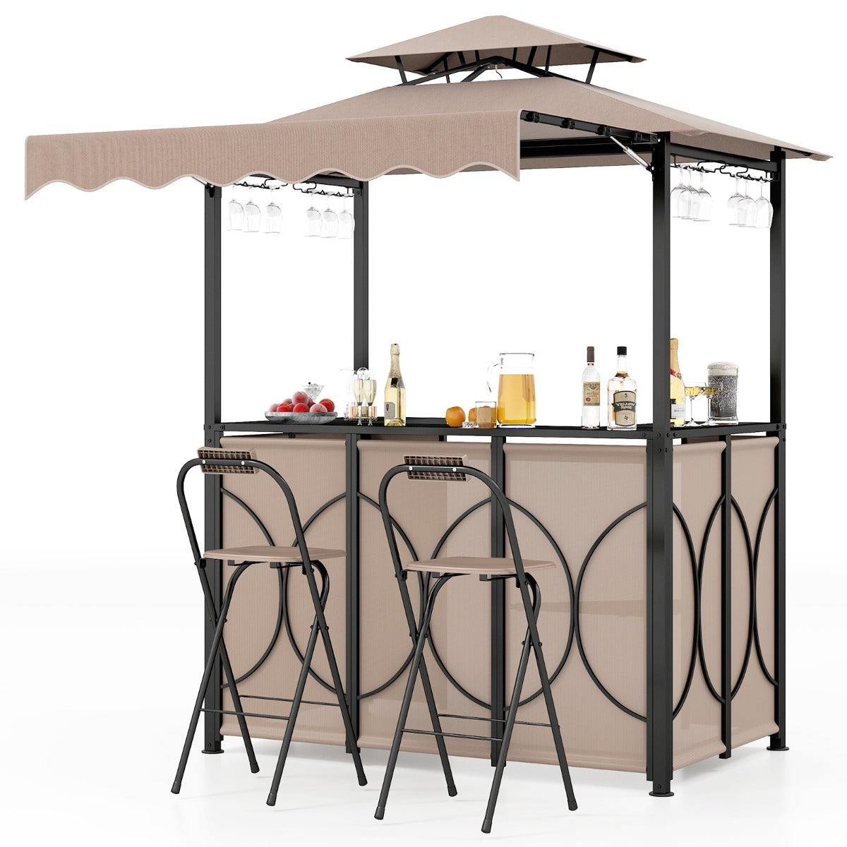 Väderbeständig – grillpaviljong med bar och barstolar, trädgårdspaviljong dubbelt tak markis – 2 – Brun