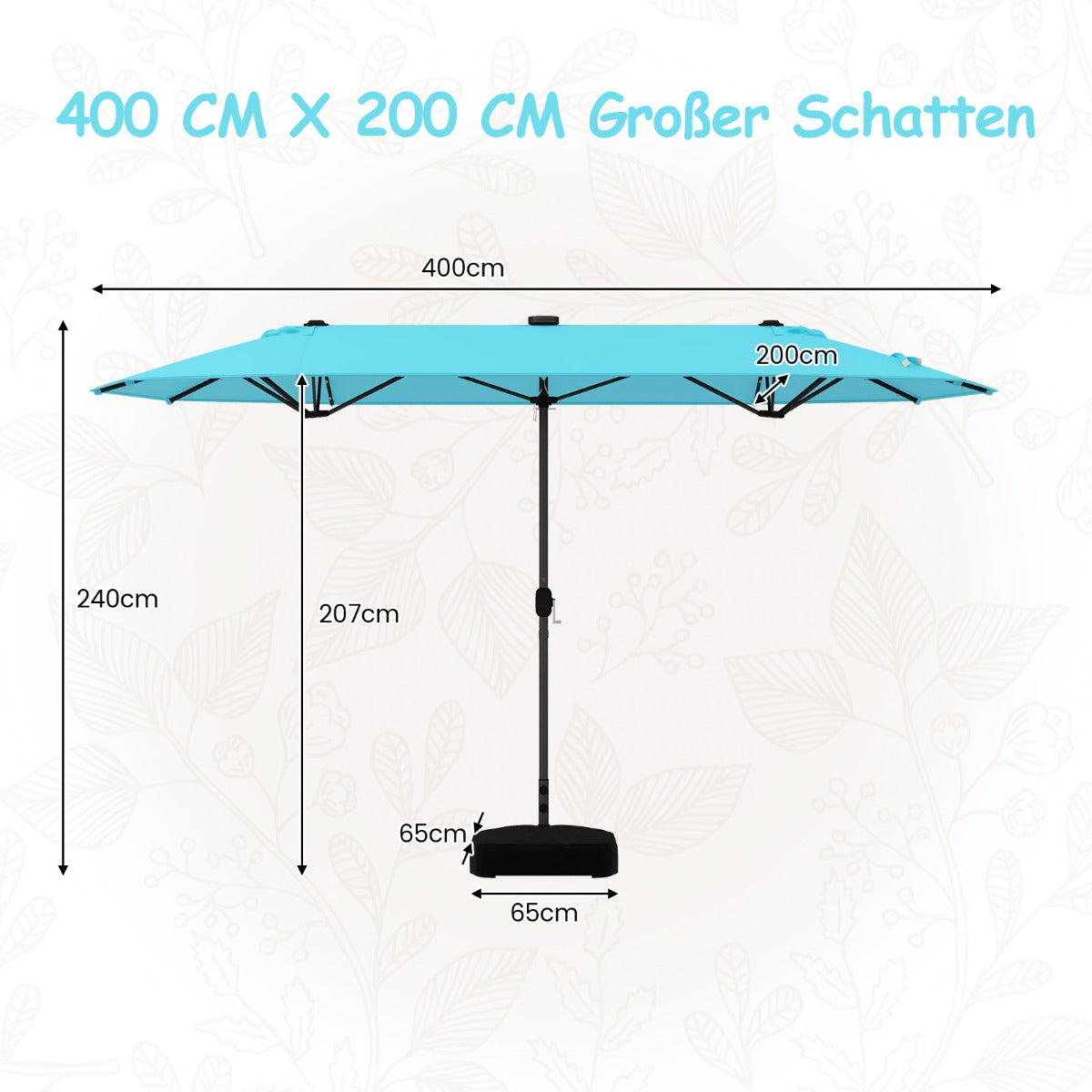 Dubbelsolparasoll – med stativ och LED lampor UPF 50+ Stor – 400 x 200 cm – Turkos
