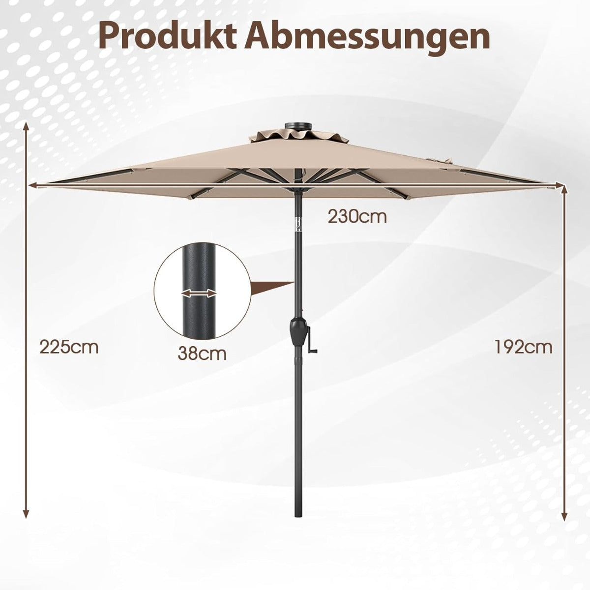 Parasoll – med LED solbelysning och vev, trädgårdsparasol, marknadsparasol – 230 cm – Ljusbrun