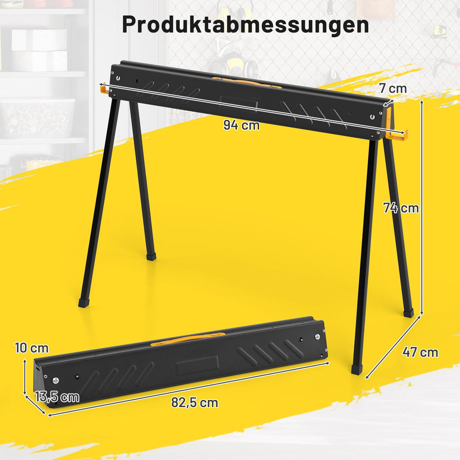 Arbetsbock – pack upp till belastningskapacitet Fällbara bockar Sågbock med stödstänger – 2 500 kg 2 x 4 94 x 47 x 74 cm – Svart