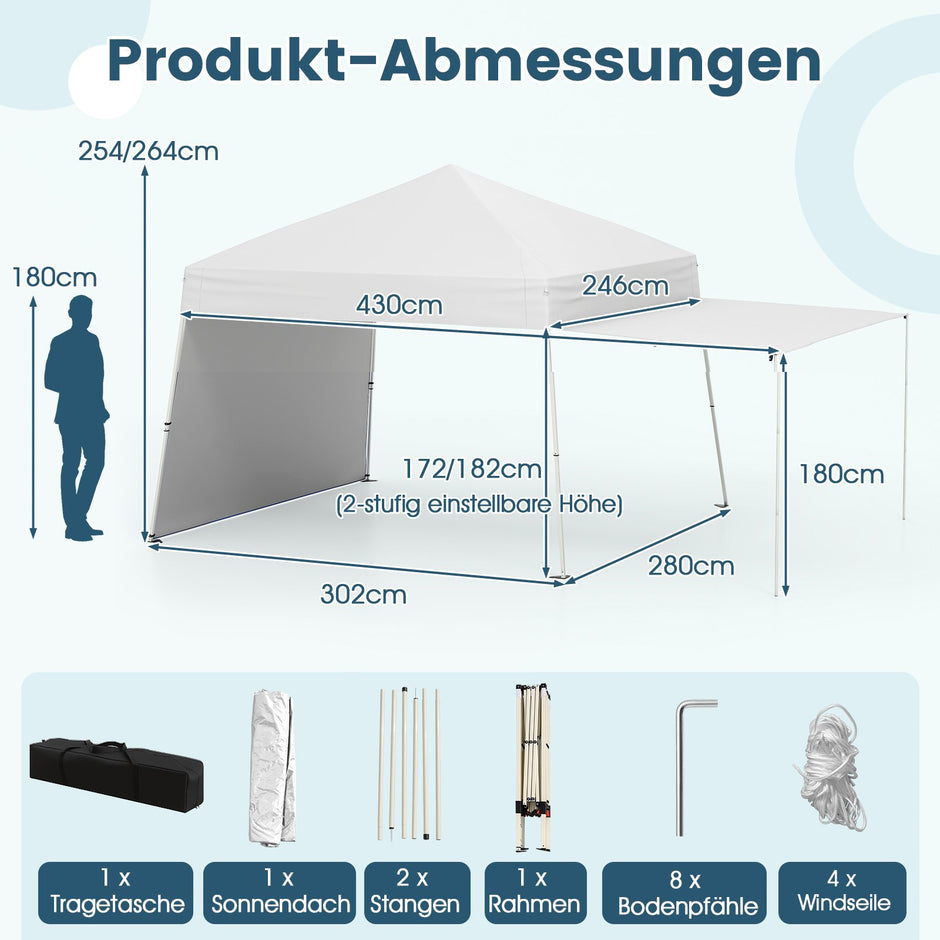 Pop – up Paviljong med omvandlingsbara sidoväggar till markis – 2 430 x 280 cm – Vit
