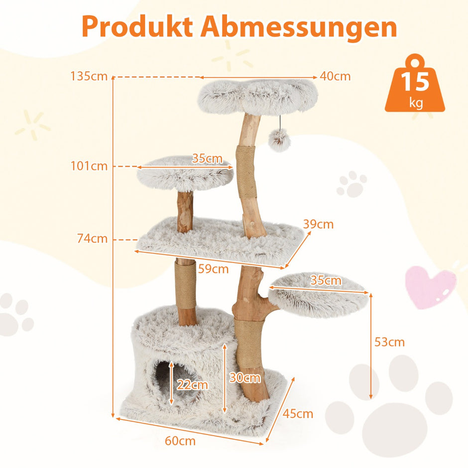 Klösträd – i trä med kattgrotta, plyschsittplats, sittplattform och boll – 135 cm – Vit