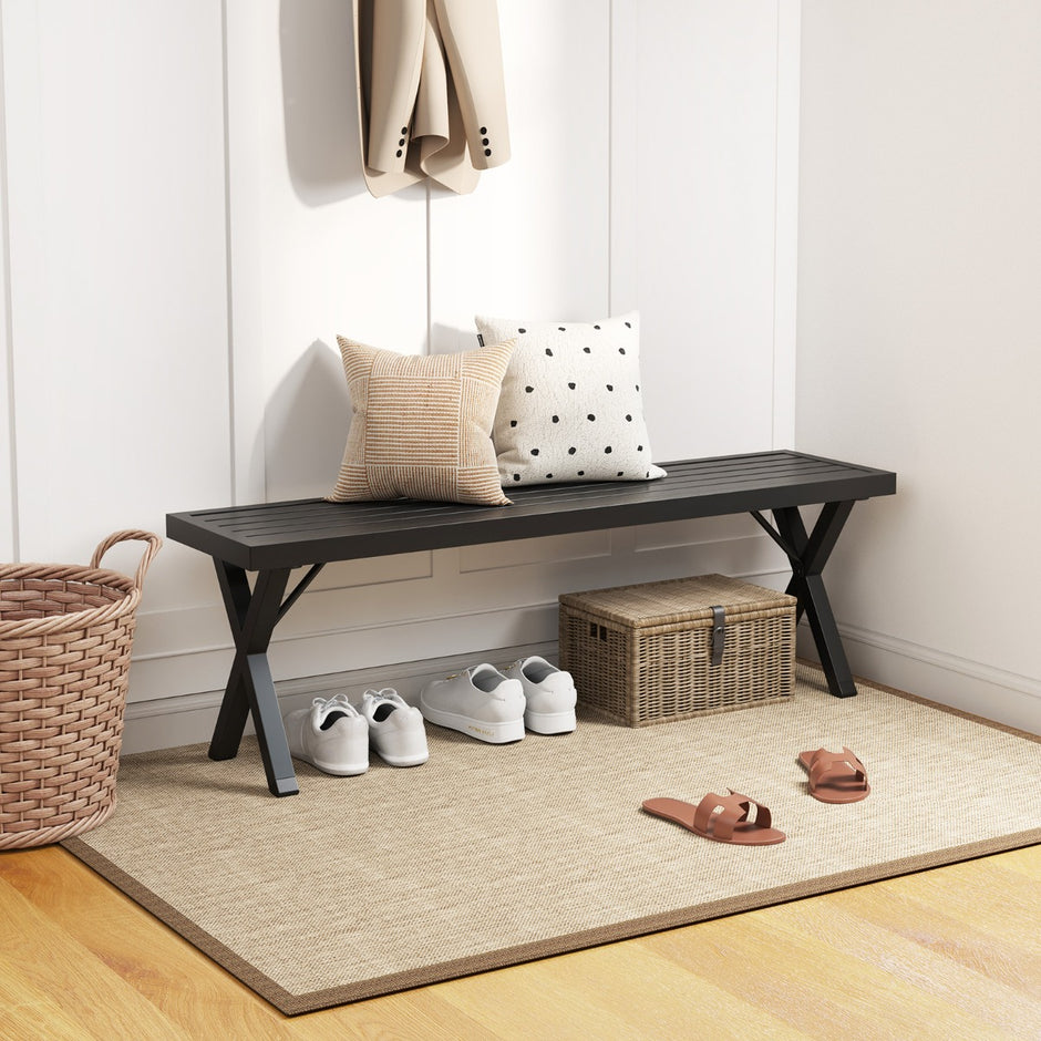 Metall – sits trädgårdsbänk utan ryggstöd Väderbeständig sittbänk Balkongbänk Parkbänk – 3 – Svart