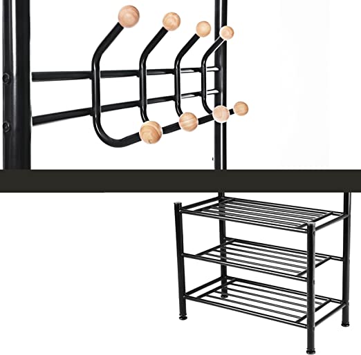 Kapstok met 18 haken en 3 schoenenrekken - staal - zwart