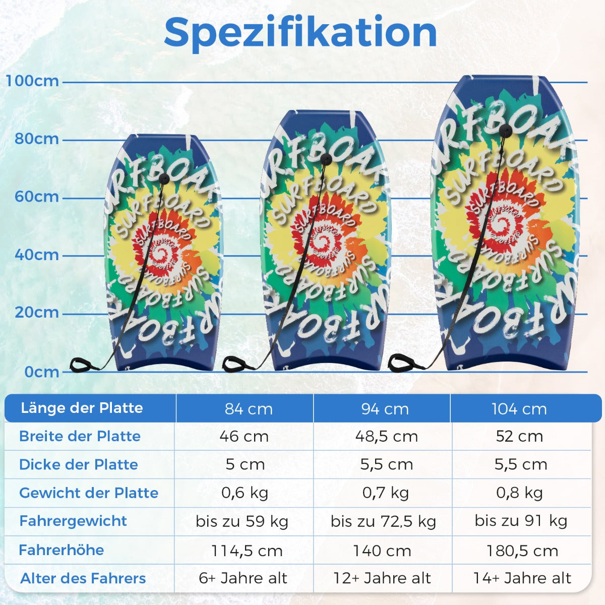 Långt – bodyboard för barn med EPS kärna och XPE överdel HDPE underlag surfbräda virvelmönster – 84 cm – Färgglad