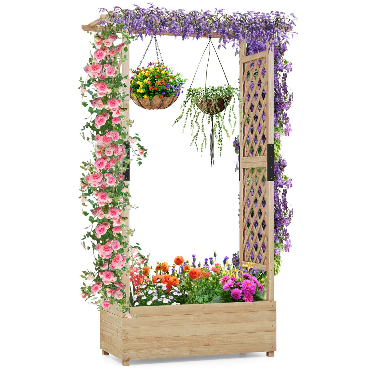 Höjbädd – med spaljé och hängande tak, planteringslåda stöd – 110 x 44 x 182 cm – Natur