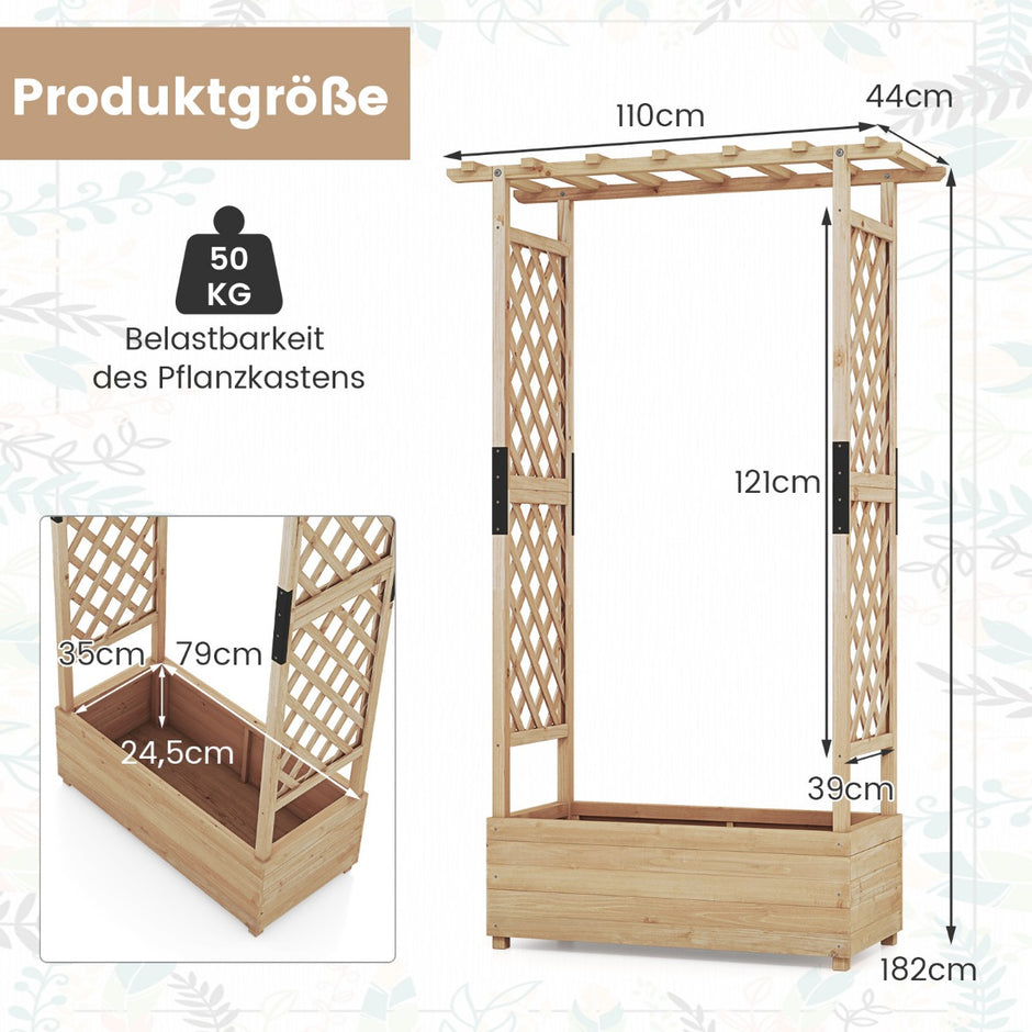 Höjbädd – med spaljé och hängande tak, planteringslåda stöd – 110 x 44 x 182 cm – Natur