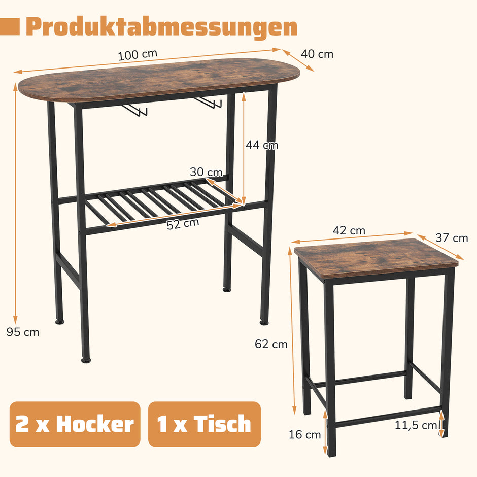Bartabell – med barstolar set för personer, hållare vinglas och flaskor, vintage – 2 – Brun