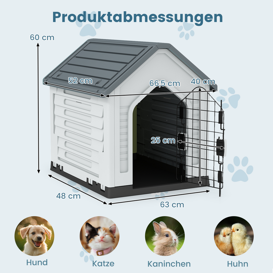 Plastikhundkoja – djurboende med låsbar metalldörr, ventilationsspringor och lutande tak – Grå