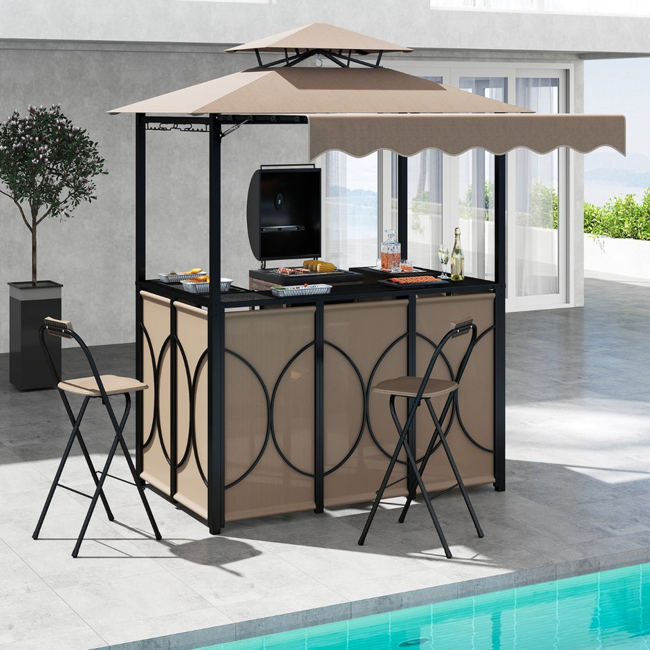 Väderbeständig – grillpaviljong med bar och barstolar, trädgårdspaviljong dubbelt tak markis – 2 – Brun