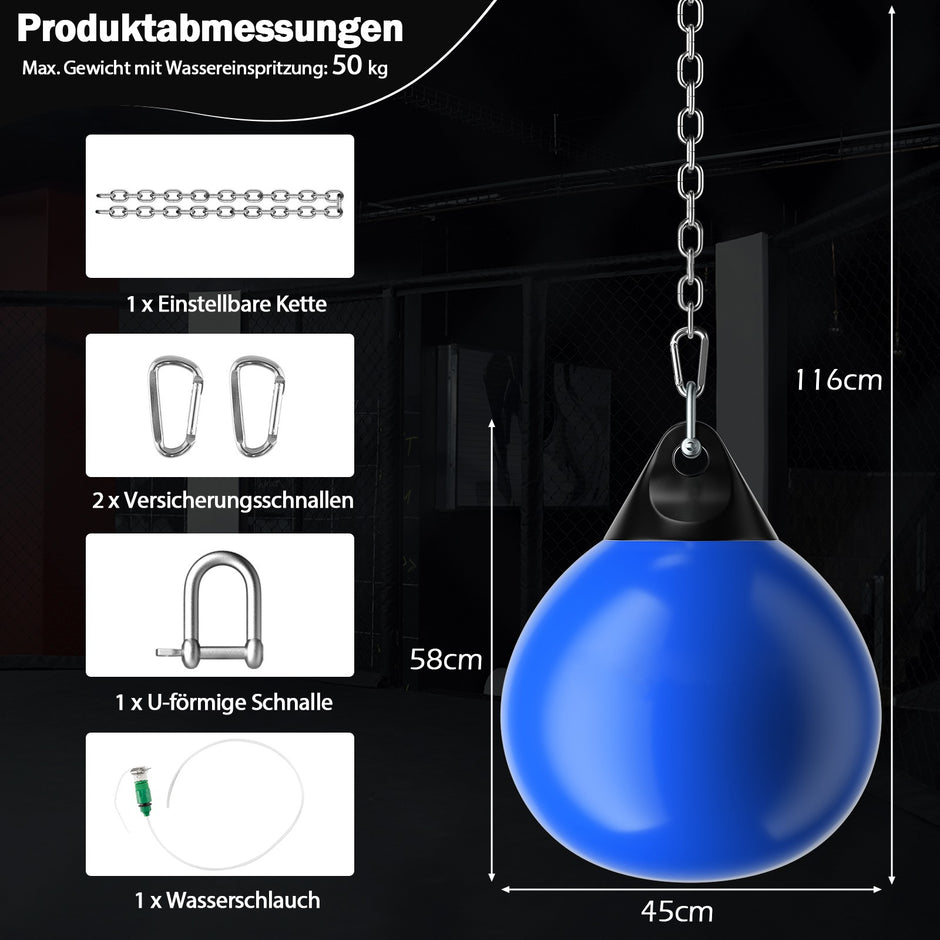 Vattenboxsäck – boxningssäck med justerbar metallkedja – 50 kg Ø 45 cm – Blå