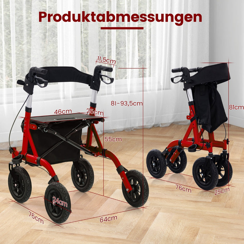 Fällbar – och lätt rollator med sittplats i aluminium upp till i rullstol rese – 136 kg 2 1 – Röd
