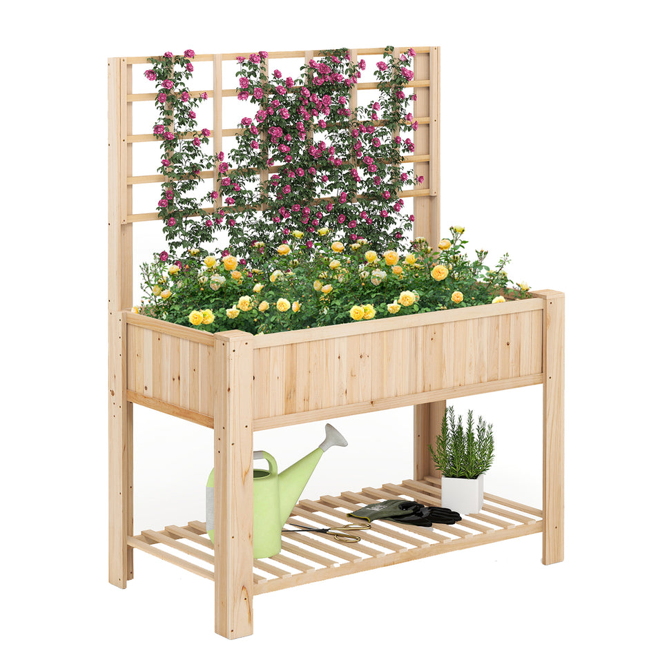 Högbädd – med spaljé och avlastning Blomrabatt avloppshål Trädgårdsbädd Planteringslåda Trä Blomlåda – 116 x 59 x 150 cm – Natur