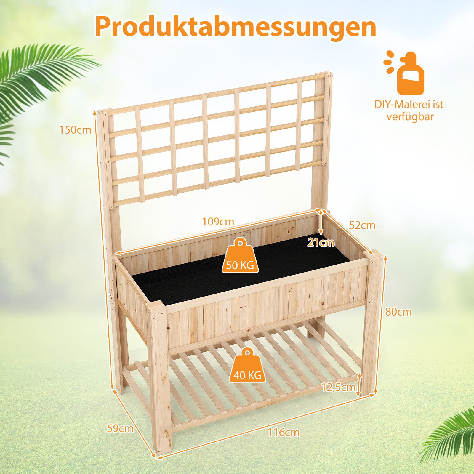 Högbädd – med spaljé och avlastning Blomrabatt avloppshål Trädgårdsbädd Planteringslåda Trä Blomlåda – 116 x 59 x 150 cm – Natur