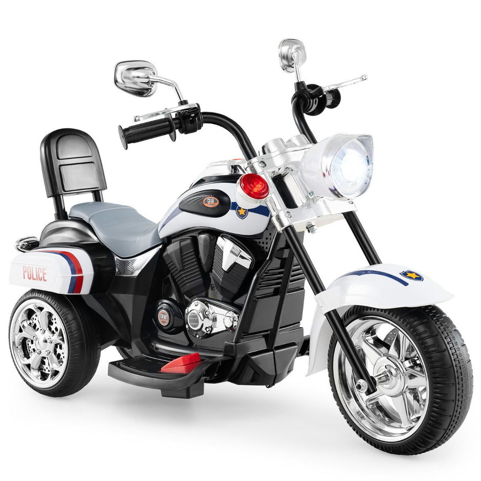 6V – barnmotorcykel med justerbar strålkastare och ljud Trehjulig elmotorcykel polis – Vit