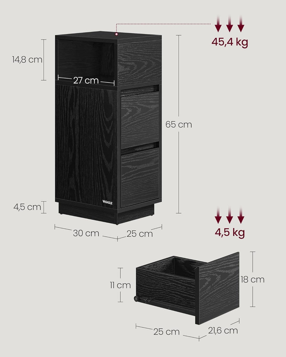 Nachtkastje met 2 lades – Smal ontwerp  –Flexibel open vak – MDF en Spaanplaat
