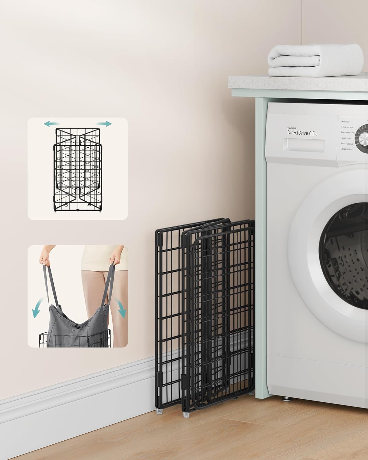 Wasmand – Uitneembare waszak – Metalen frame – Zilver en zwart