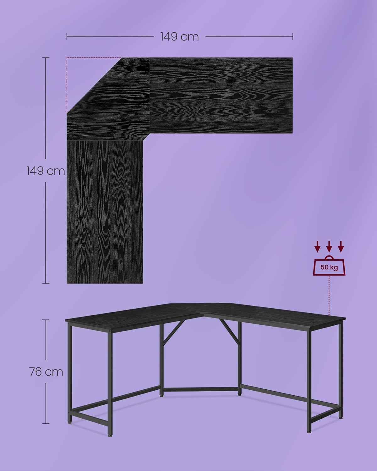 L-Vormig Bureau – Eenvoudig Op Te Zetten – Ebony Black-Ink Black