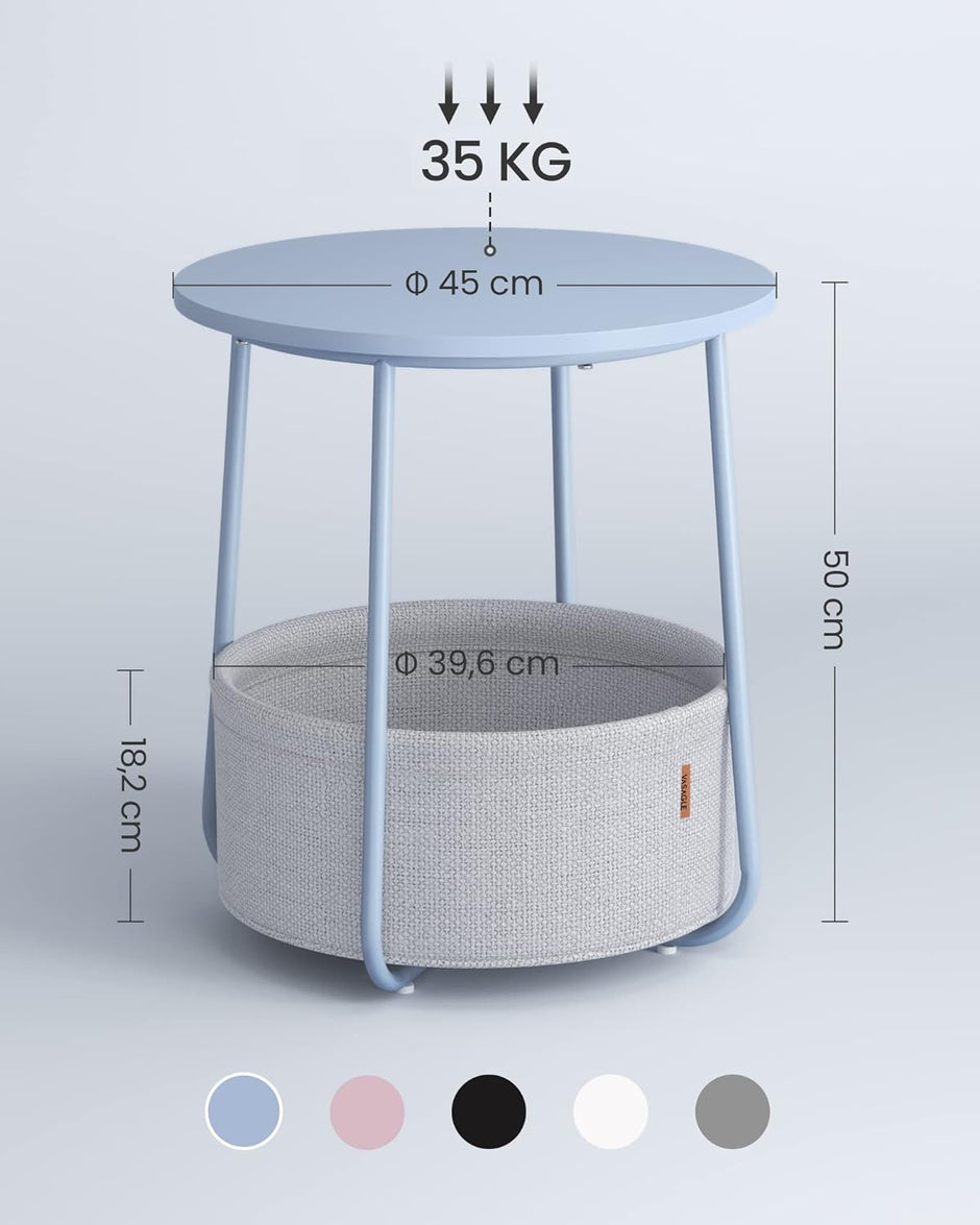 Bijzettafel rond – Met mand – Met verstelbare voetjes – Wit en staal