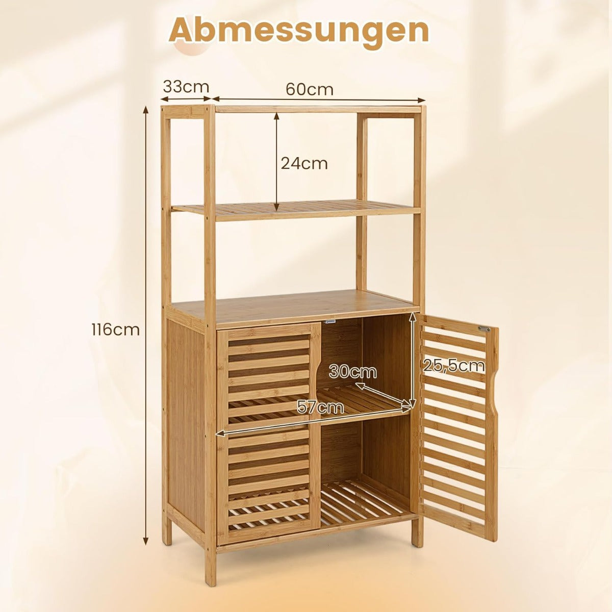 Bambu – bokhylla med dörrar vånings lameldörrskåp – 4 60 x 33 x 116 cm – Natur