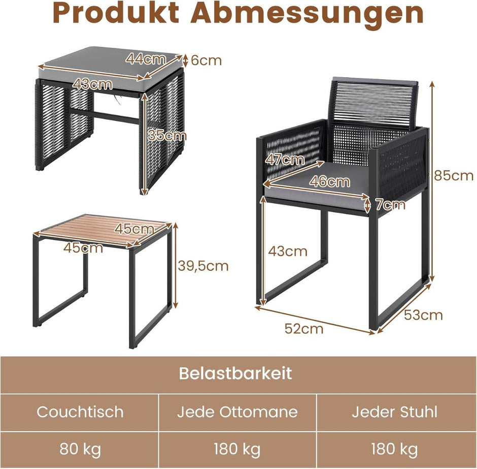delars – Rattan Trädgårdsmöbelset inklusive stolar med kuddar och puff bord balkongset trädgårdssats – 5 2 – Svart