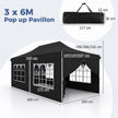 Paviljong, – hopfällbar med avtagbara sidoväggar och sandpåsar – 6 3 x 6 m – Svart
