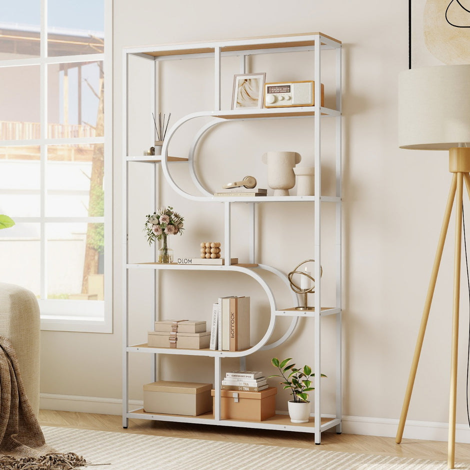 vånings – bokhylla med öppna hyllor Ställhylla Displayhylla och – 5 – Natur + vit