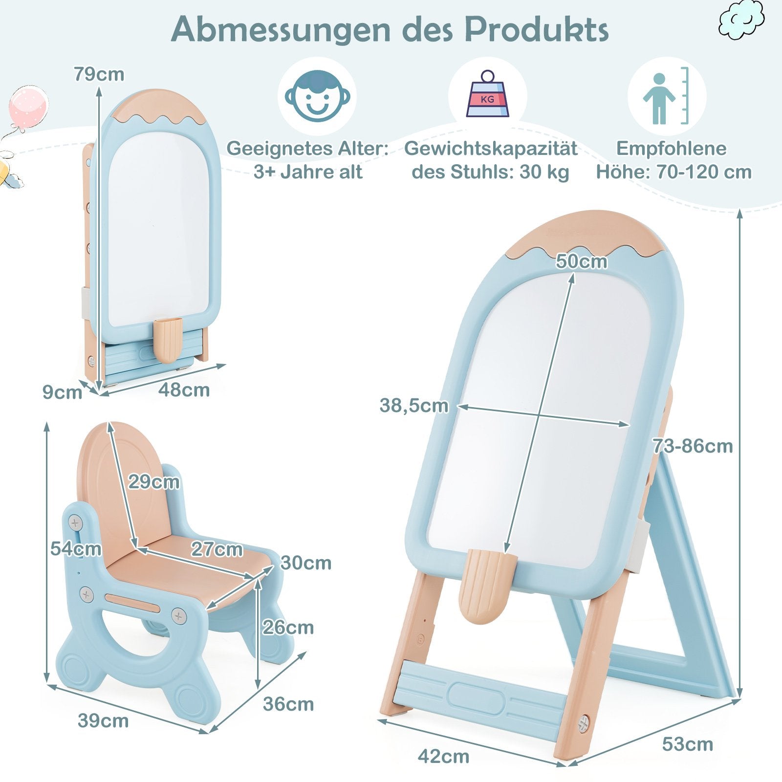 Barnstaffli – med stol, justerbart och hopfällbart barnbord whiteboard förvaringslåda – Blå