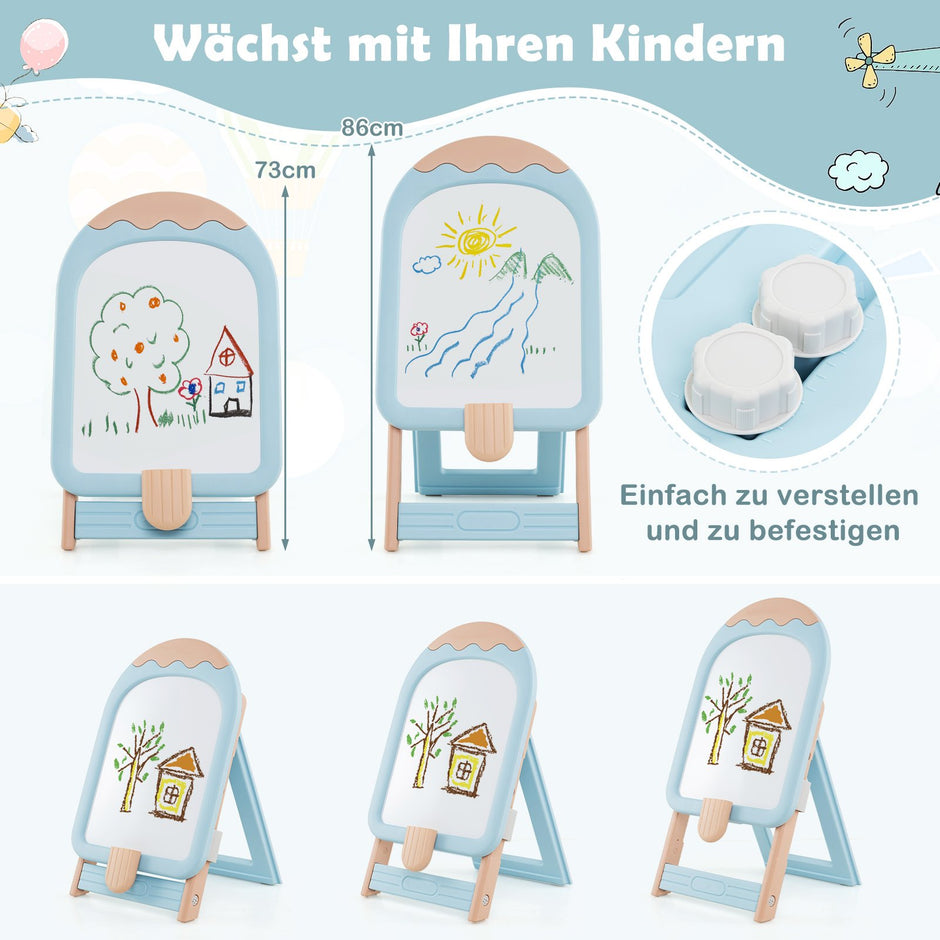 Barnstaffli – med stol, justerbart och hopfällbart barnbord whiteboard förvaringslåda – Blå