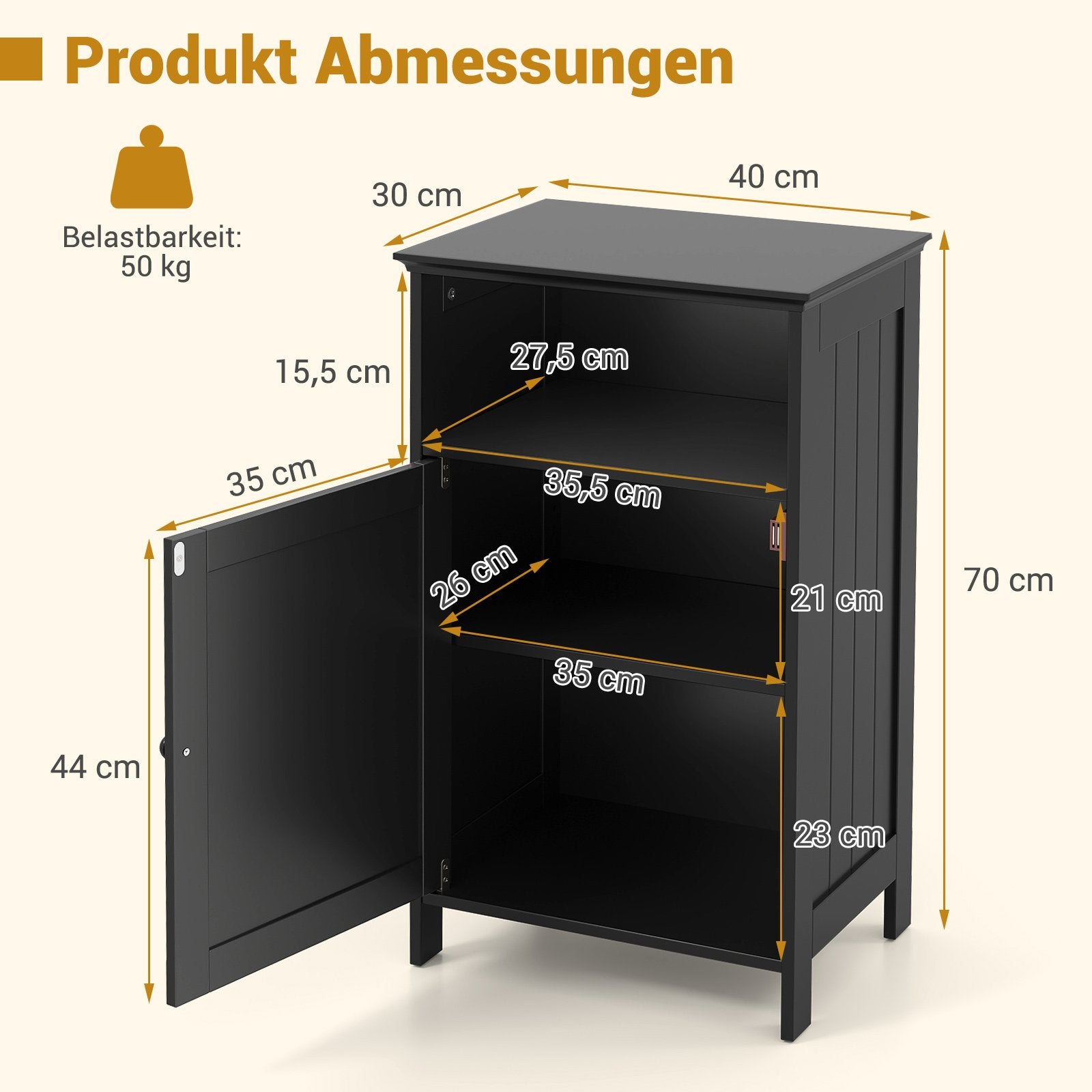 Badrumsskåp – Badskåp med dörr och justerbar hylla fristående – 40 x 30 x 70 cm – Svart