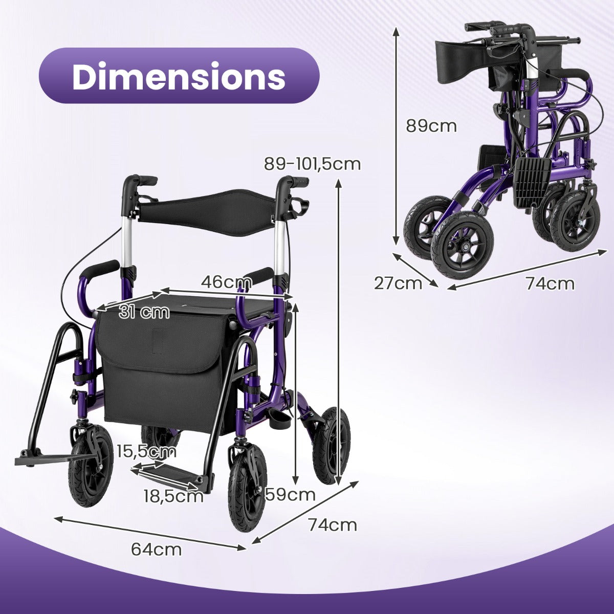 Rollator – För Äldre Med Sittplats I Fällbar och Rullstol Kombination Dämpade Däck – 2 1 23 Cm – Lila